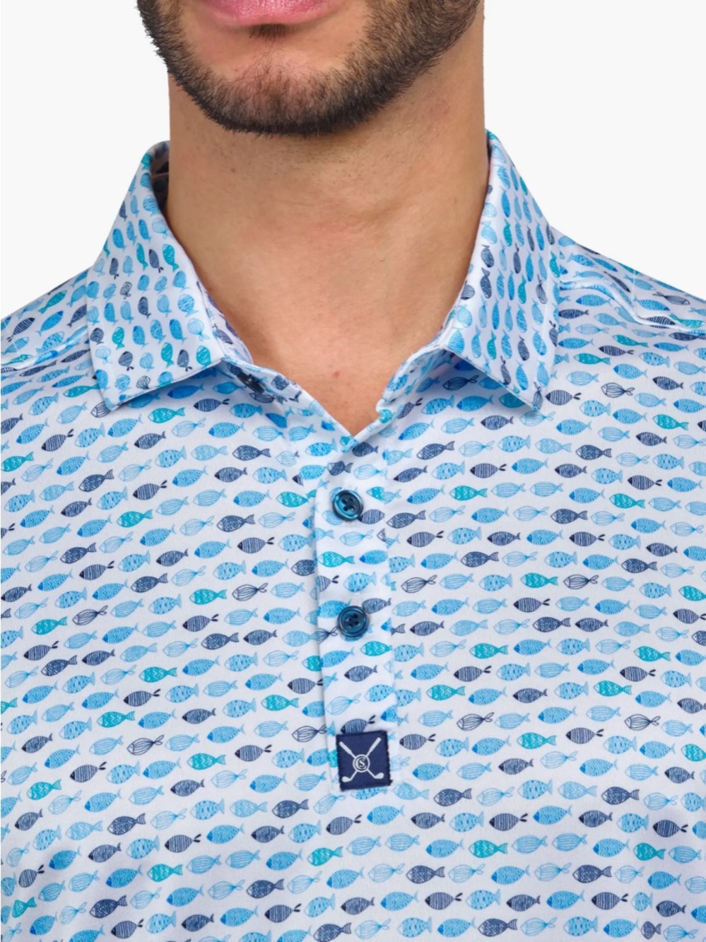 Men's Light Blue Printed Polo Shirt with Fish Motif